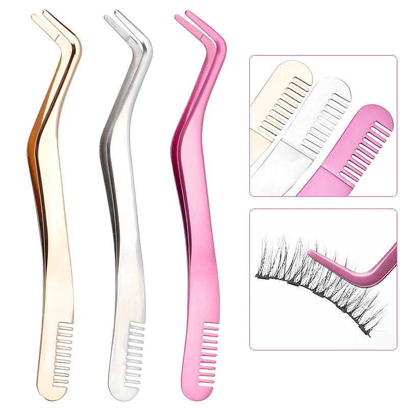 1 PC Eyelash Comb Tweezers Makeup Stainless Steel Non-magnetic Pincet Volume 3D Lashes Extension Tweezers Tools