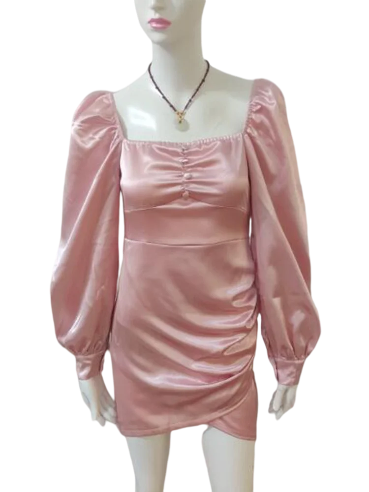 New Spring Autumn Women's Satin Dress Retro Black Pink White Square Neck Long Sleeve Mini Dresses for Women GD580