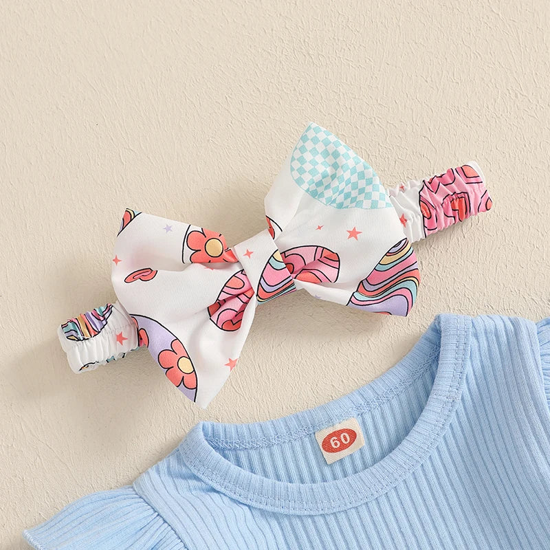 Adorable Baby Girl Easter Outfits with Bunny Embroidery Long Sleeve Romper Suspender Skirt and Headband - 3 Piece Set for