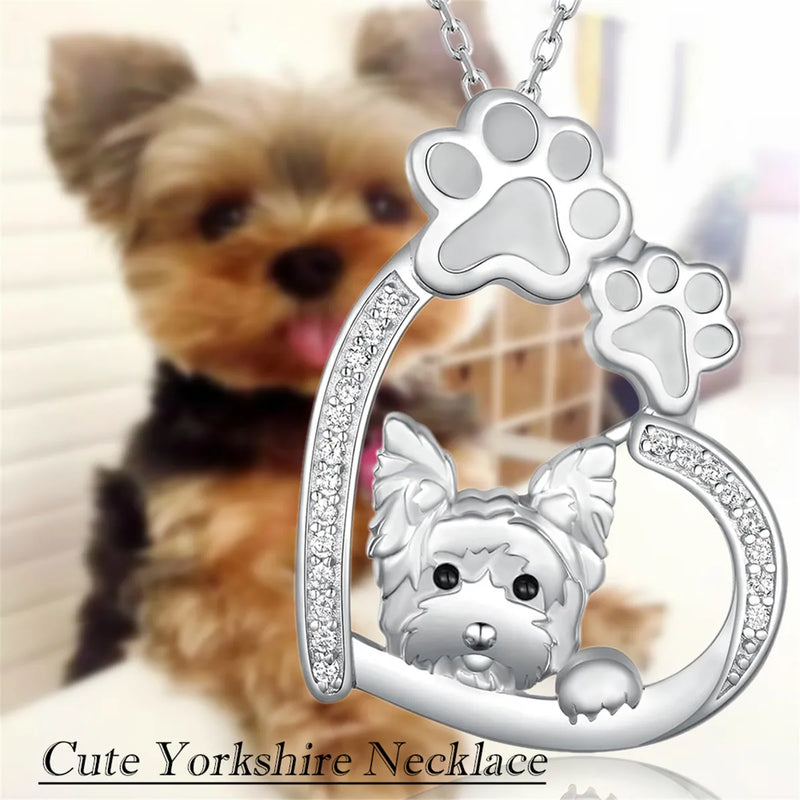 Creative Cute Dog Paw Heart Shaped Yorkshire Pendant Necklace for Women Fashion Animal Pet Jewelry Accessories Dog Lovers Gift