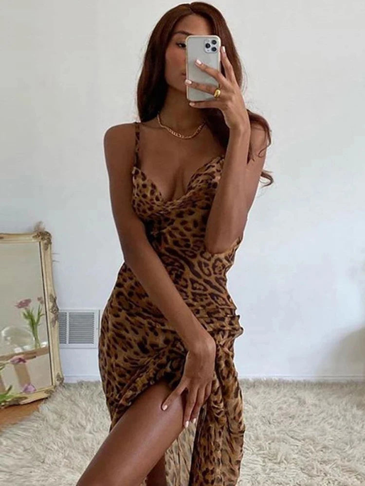 Leopard Print V-Neck Sexy Bodycon Long Dress Women Lace Up Backless Summer Dresses Female Straps Party Beach Vestidos