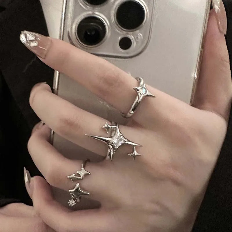 Vintage Irregular Cross Star Open Ring for Women Men Punk Gothic Sliver Color Adjustable Couple Rings Y2K Egirl Jewelry Gift