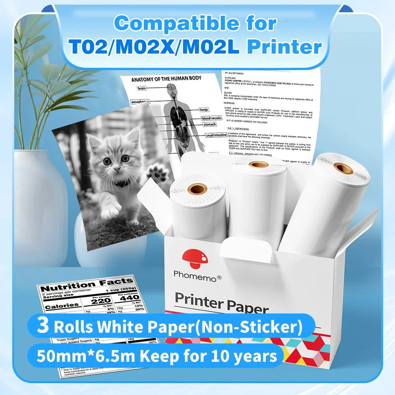 3 Rolls Phomemo White Sticker Paper Thermal Label for T02 M02L Portabal Mini Printer Keep for 10 Years Sticky Paper 50mm/53mm