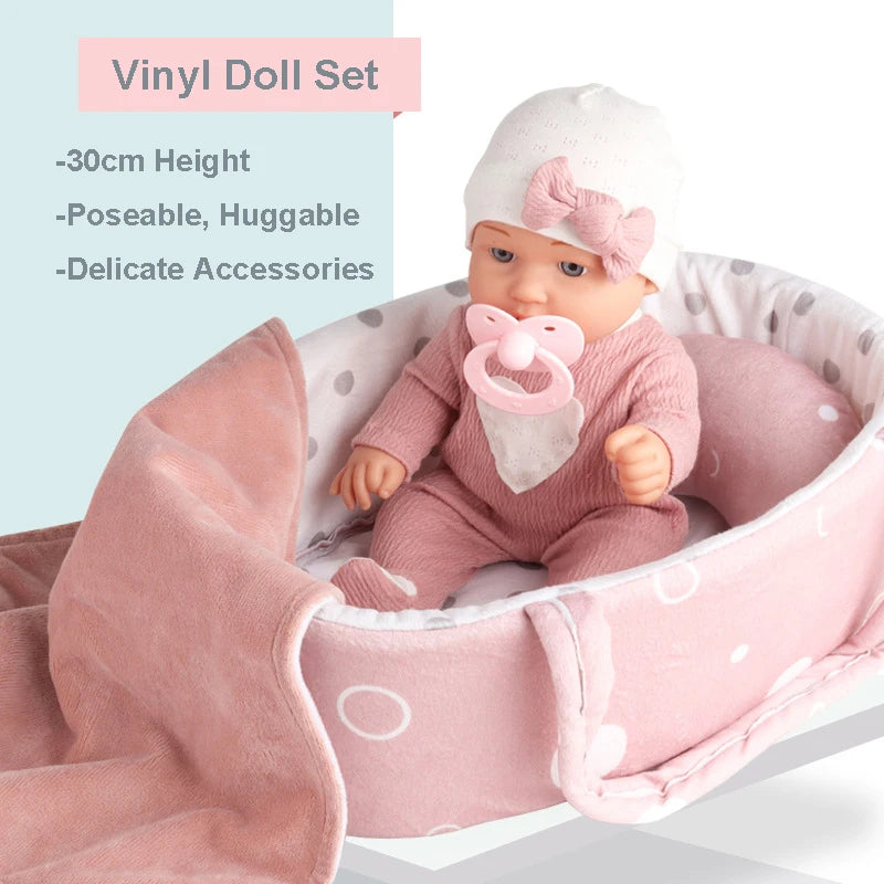 12''/30cm Baby Doll Playset in Gift Box with Accessories Pink Pacifier, Vinyl Reborn Doll Toy, Christmas Gift for Girl Boy Kid