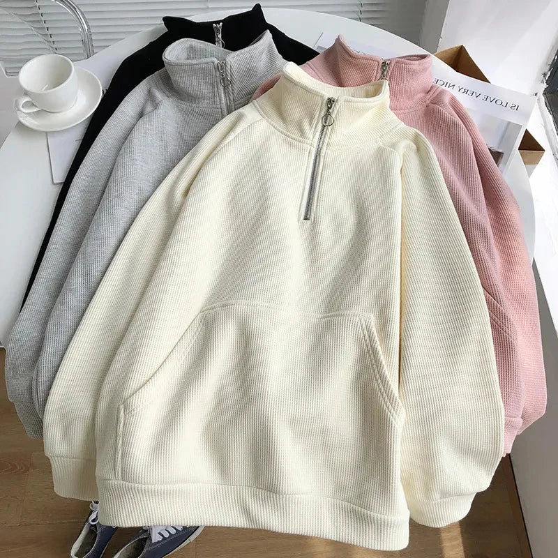 Rimocy Warm Thicken Zipper Stand Collar Hoodie Women Casual Long Sleeve Pullover Tops Woman Solid Color Loose Plush Sweatshirt