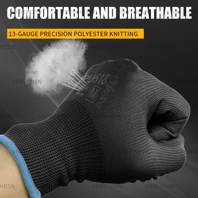 3Pairs Black Ultra-Thin Light Duty Work Gloves Durable & Breathable Knit Wrist Cuff PU Coated Cut-Resistant For Men&Women