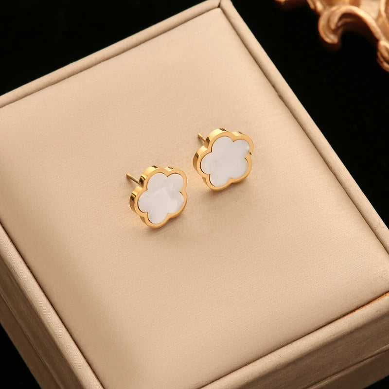 GANEMLY 316L Stainless Steel Golden Plum Blossom Plant Five Leaf Flower Set Necklace Earrings Bracelet Women Clover Jewelry Gift