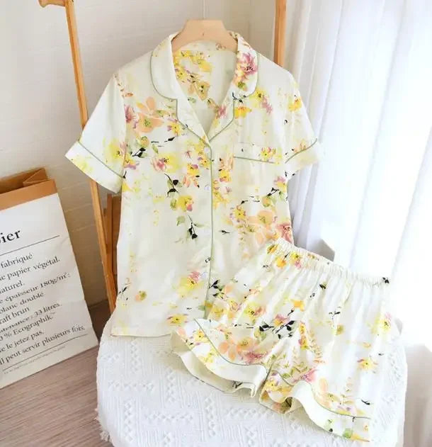 Summer new ladies pajamas suit viscose buckle comfortable man-made cotton short-sleeved shorts two-piece home service set women