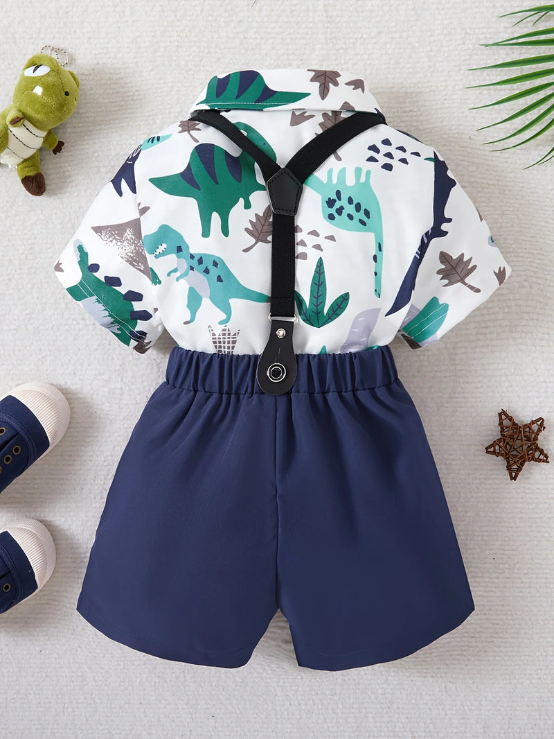 2-piece gentleman cute dinosaur print bow pocket shirt+strap shorts party dress set