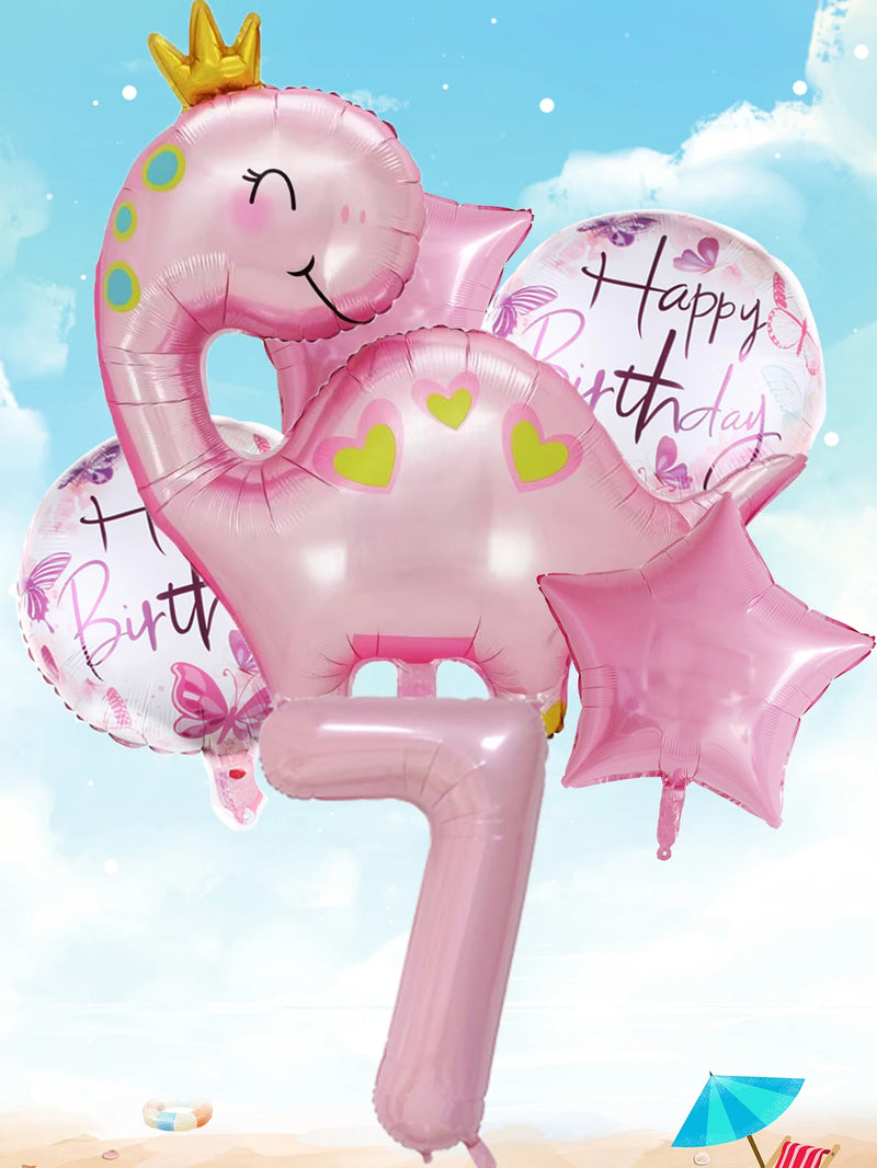 1set Pink Crown Dinosaur Foil Balloons 40 Inch Number Helium Balloon Baby Girl Children‘s Birthday Party Decorations Kids’