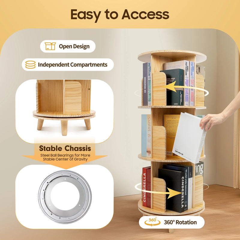 3-Tier Rotating Bookshelf Organizer Modern 360°Rotating Storage Rack Display Holder Stand Floor Standing  Multi-Functional