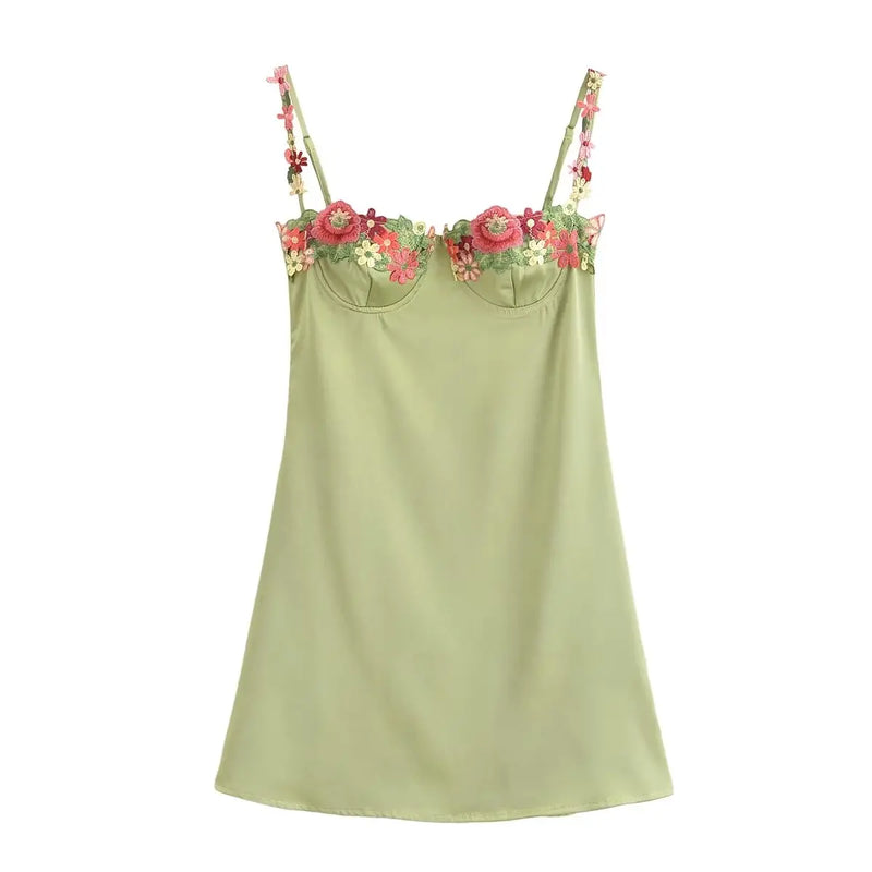 TRAF Summer Like Silk Party Dress Floral Embroidery Spaghetti Straps Women Mini Dress Sexy Green Satin Dresses