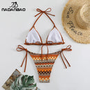 Nadanbao Sexy Knit Floral Print Bikini Sets Swimwear Women Brown Backless Fashion Swimsuit Female Halter Beach Party Bikini