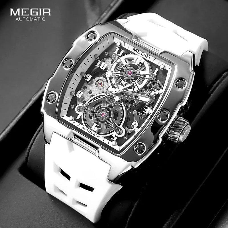 MEGIR 8602 Sport Automatic Watch Men Waterproof White Silicone Strap Mechanical Wristwatch with Tonneau Hollowed-out Dial