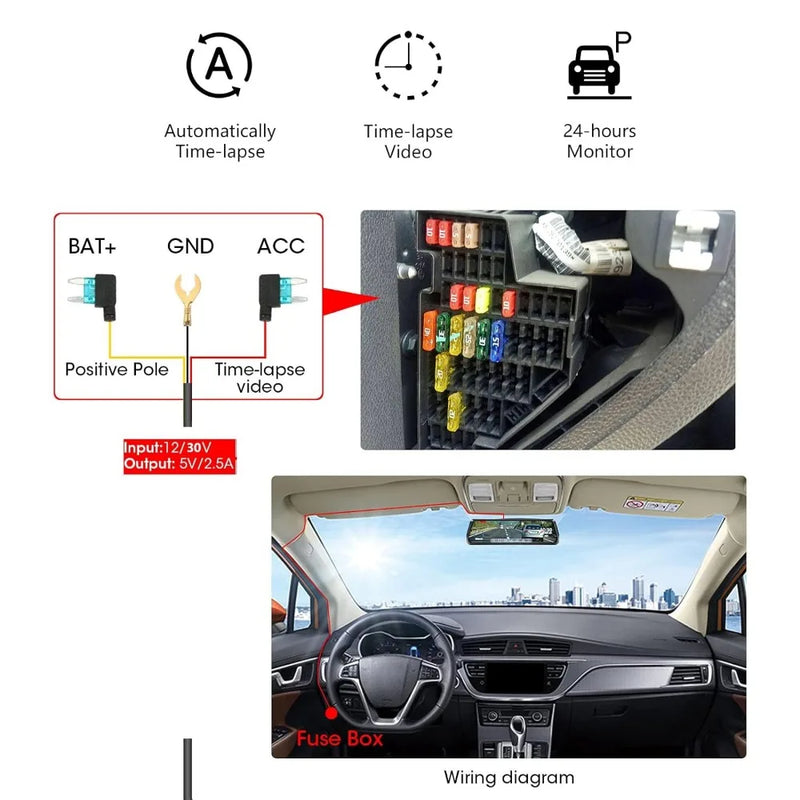 KQQ  28cm Hardwire Kit for Dash Cam Supports Parking Monitoring Power Cable Applicable Time-Lapse Video