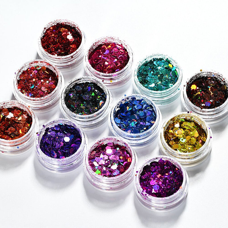 Holographic Chunky Glitter Total 60-140g Face Body Eye Nail Festival Chunky Holographic Glitter 6/8/24 Jars Mix Loose Glitter M9