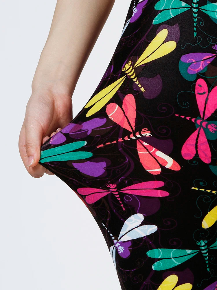CUHAKCI New Colorful Dragonfly Printing Leggings Women Tights Gym Mujer Summer Female Capri Casual Ladies Pencil Pants S-2XL