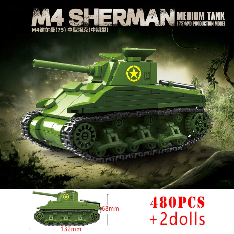 Military World War Russian T-34 KV-1 Heavy Tank Building Blocks WW2 American M4A3 Sherman Stuart Tank Technical Bricks Kids Toys