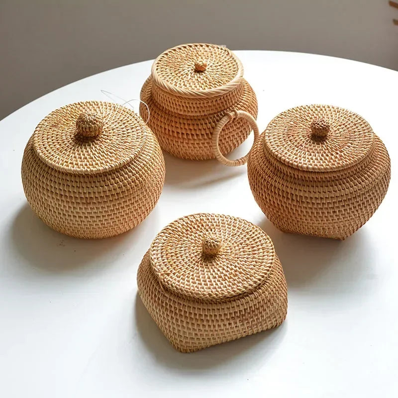 New Round Rattan Boxes with Lid Hand-Woven Multi-Purpose Wicker Tray Desktop Decoration Jewelry Storage Box Make Up Organizer