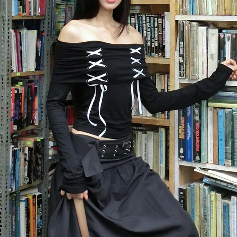 Goth Dark Lace Up Y2k Sexy Off Shoulder T-shirts Gothic Harajuku Long Sleeve Women Crop Tops Korean Fashion Streetwear T-shirt