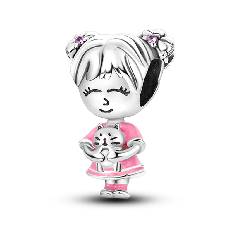 Silver Plated Boy Girl Couple Lovers Beads Charms Zirconium Dangle Fit Original Pandora Bracelet Necklace Jewelry Women