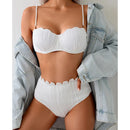 Fashion Ruched Bikini Push Up Swimsuit Women Split Pearl Chain High Waist Bikini 2025 New Solid Bathing Suit Two Piece Beachwear