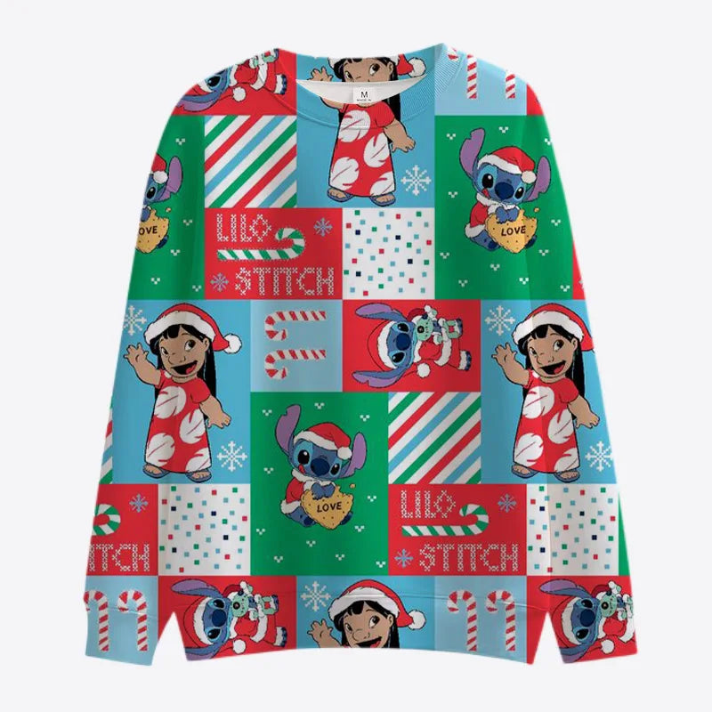 New Merry Christmas Disney Stitch and Mickey Minnie Fall Harajuku Crew Neck Casual Women's Long Sleeve Sweatshirt Ladies Top Y2K