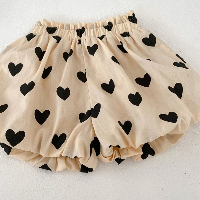 Summer 2PCS Heart Print Cotton Baby Girls Suits Sleeveless Bow Double Layer Apricot Strap Top Toddler Shorts Set, Versatile