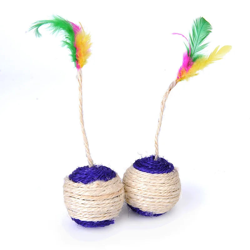 Pet Cat Paw Grinding Interactive Play Ball Cat Toy Sisal Shuttlecock Ball Colored Feather Blanket Ball Cat Supplies