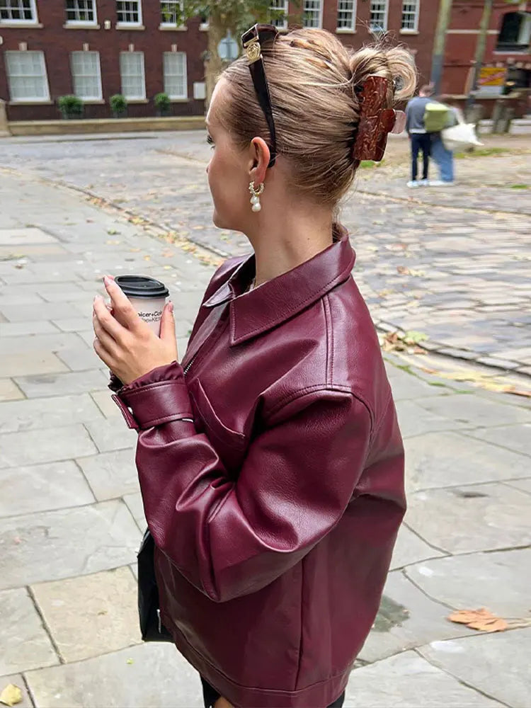 New PU Leather Zipper Jacket For Women Retro Lapel Loose Casual Long Sleeve Coat Tops 2023 Autumn Fashion Motorcycle Outwears