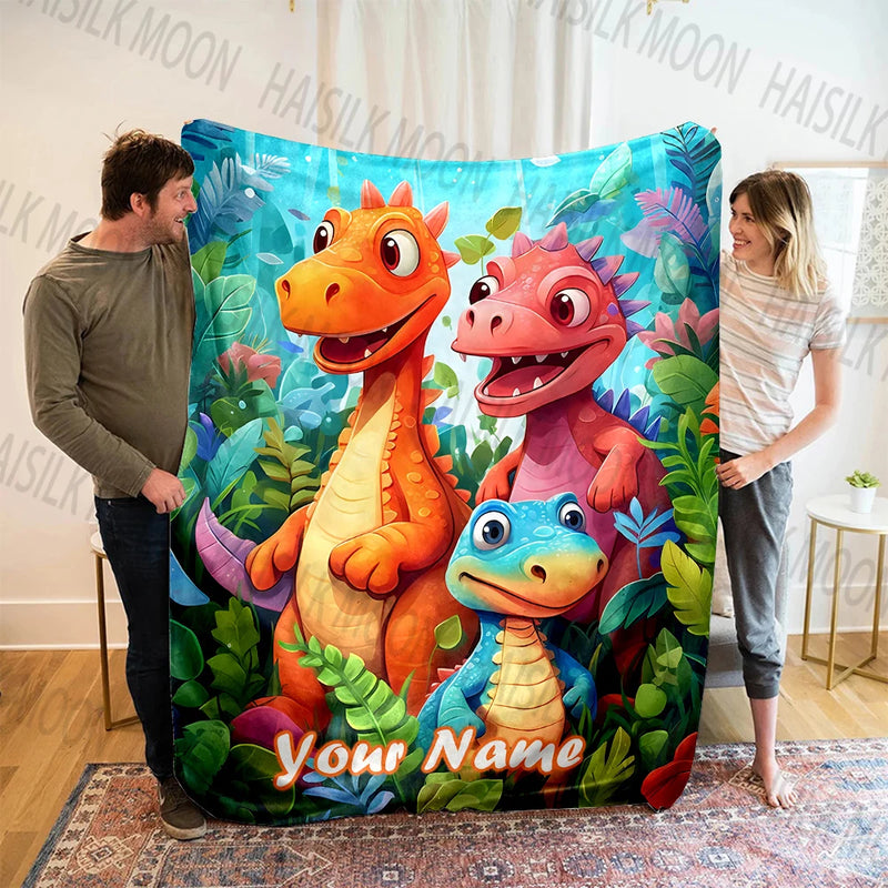 Personalized Customized Name Blanket Cartoon Dinosaur Print Warm and Comfortable Blanket for Sofa Bed Travel Camping Picnic Car