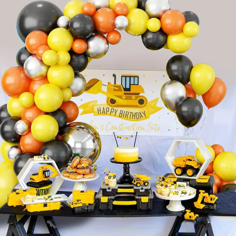 115PCS Orange Black Yellow Silver Construction Party Balloon Garland Kit for Kids Birthday Baby Shower Party Decoration Supply