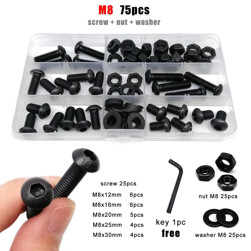 M1.6 M2 M2.5 M3 M4 M5 M6 M8 Black Grade 10.9 Steel Allen Hexagon Hex Socket Button Round Head Screw Bolt Nut Washer Kit Set Box