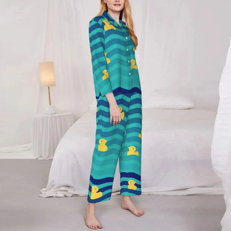 Pajamas Female Yellow Classic Ducks Daily Sleepwear Animal Two Piece Retro Pajama Sets Long Sleeve Elegant Oversize Home Suit