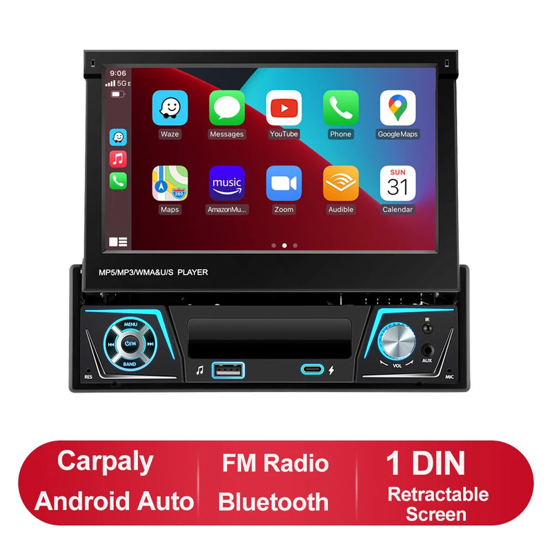 1 din Car Radio Android Carplay Auto Universal 7" IPS Retractable Screen gps Navigation 1Din Android 12 Multimedia Video Player