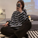 Women's Fluffy Coral Velvet Pajama Sets Winter Cute Students Baggy Cozy Striped Loungewear Simple Warm College Pyjamas Thicken