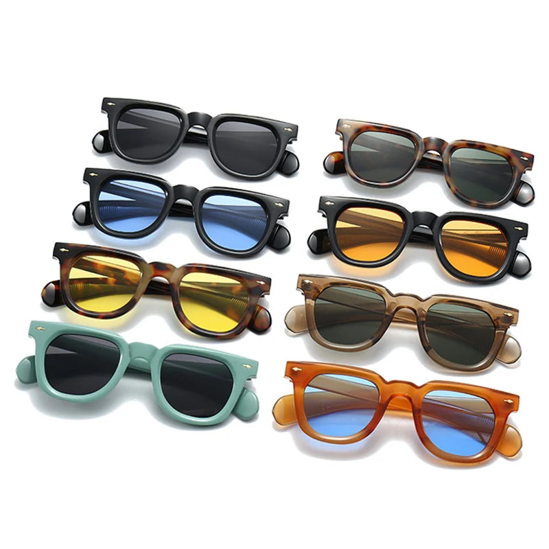 SO&EI New Small Square Women Rivets Decoration Sunglasses Retro Punk Men Yellow Blue Sun Glasses Shades UV400