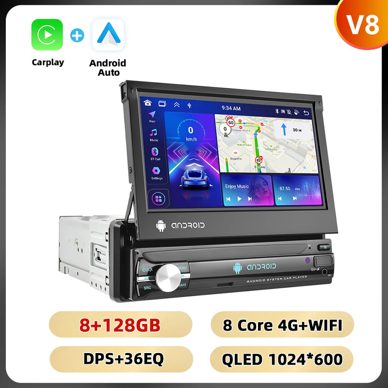 Podofo 1Din 7 ''Car Multimedia Player 8 + 128G 8Core Car Radio Carplay Android Car WIFI GPS Navigation Retractable Screen Stereo