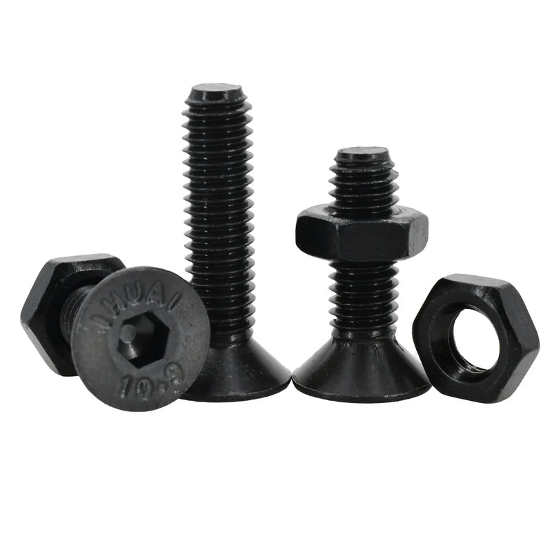 Grade 10.9 Carbon Steel Black Countersunk Flat Head Hex Bolt Nut Kit Electric Machine Screws Hexagon Allen Bolts M2 M3 M4 M5 M6