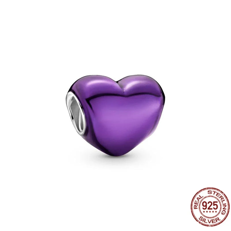 Authentic 925 Sterling Silver Metallic Pink, Purple & Red Heart Charm Bead Fit Original  Bracelet Jewelry Fashion Gift