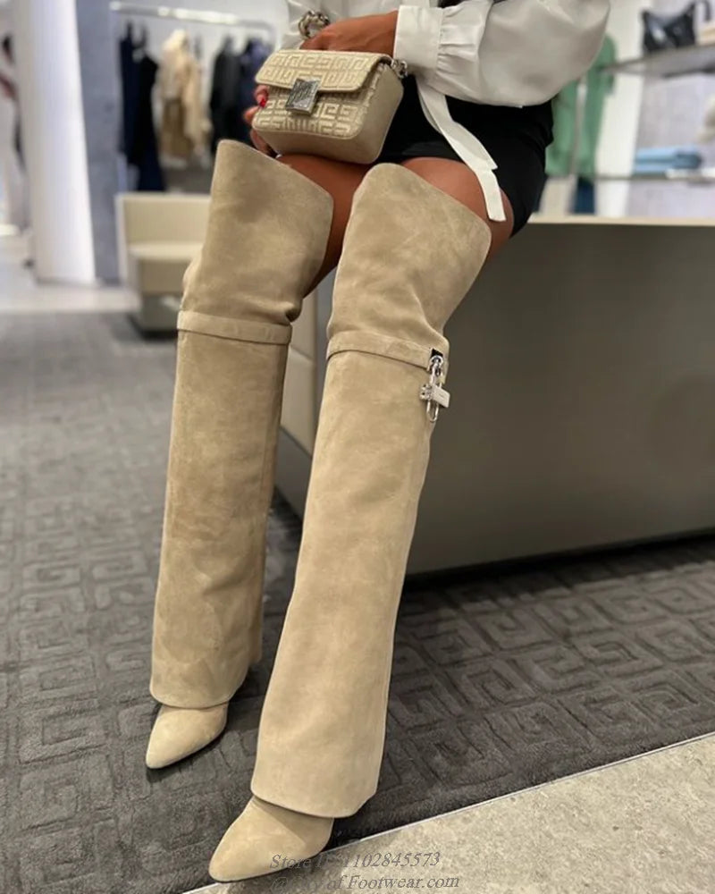 Suede Padlock Over Knee High Boots Women's 2024 Winter New in Pointed Toe Leather High Heels Shark Boots Luxury Designer Shoes