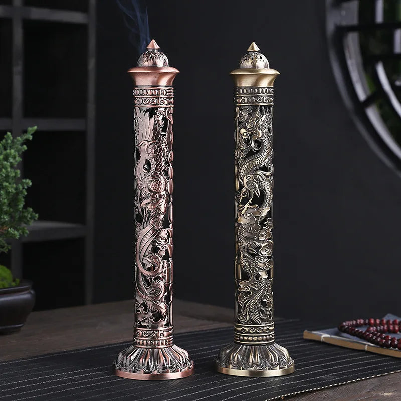 Incense Stick Burner Bronze Tone Dragon Phoenix Pattern Incense Stick Holder Vertical Incense Stand with Catcher for Home Decor