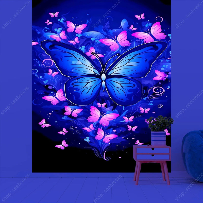 Butterfly Flower UV Reactive Tapestry Wall Hanging Hippie Boho Room Decor Aesthetic Psychedelic Home Dorm Wall Decor Party Decor