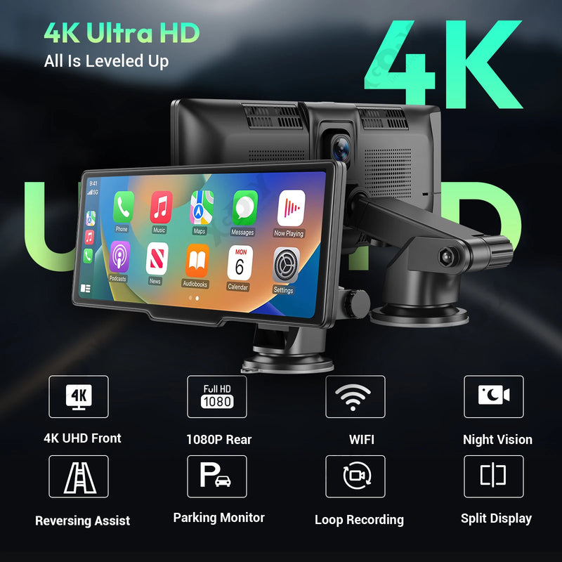 4K 10.26" Touch Screen Car DVR Dashcam Wireless Apple CarPlay Android Auto Dual Lens Video Recorder Dual Dash Cam DVR