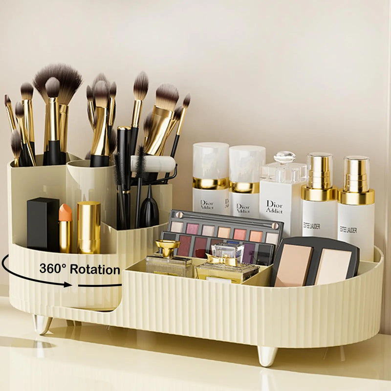 Rotating Makeup Organizer for Vanity with Brush Holder Cosmetic Storage Spinning Skincare Countertop Perfume Lotion Display Case