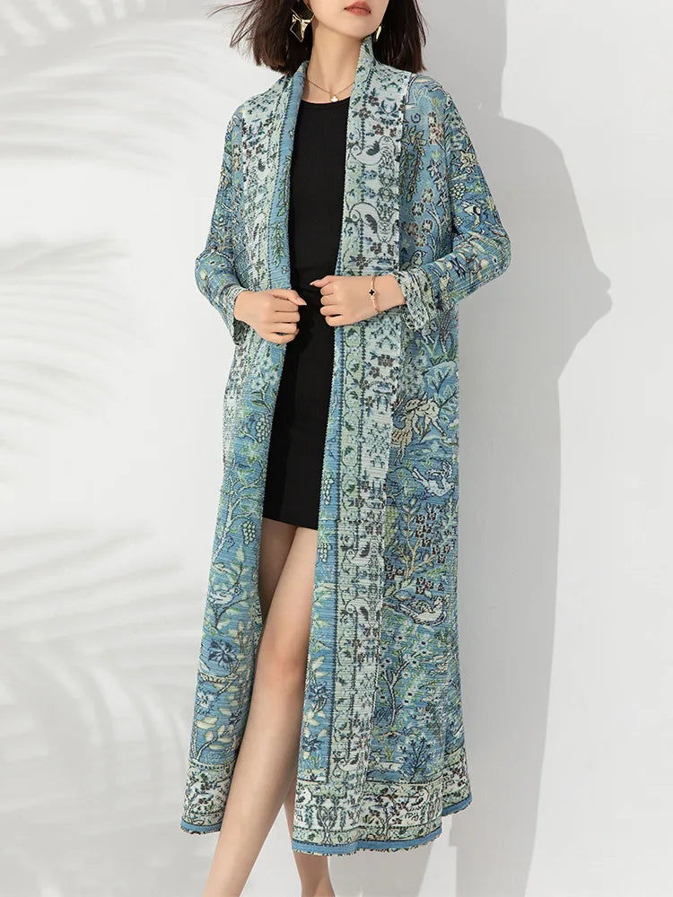 Miyake Fold 2023 Autumn New Fashion Trench Coat Loose Print Cardigan Long Lapel Stretch Coat