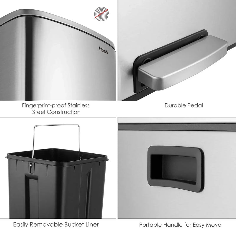 Brushed Stainless Steel 60L/16Gallon Rectangular Hands-Free Dual Compartment Recycling Kitchen Step Trash Can w/ Soft-Close Lid