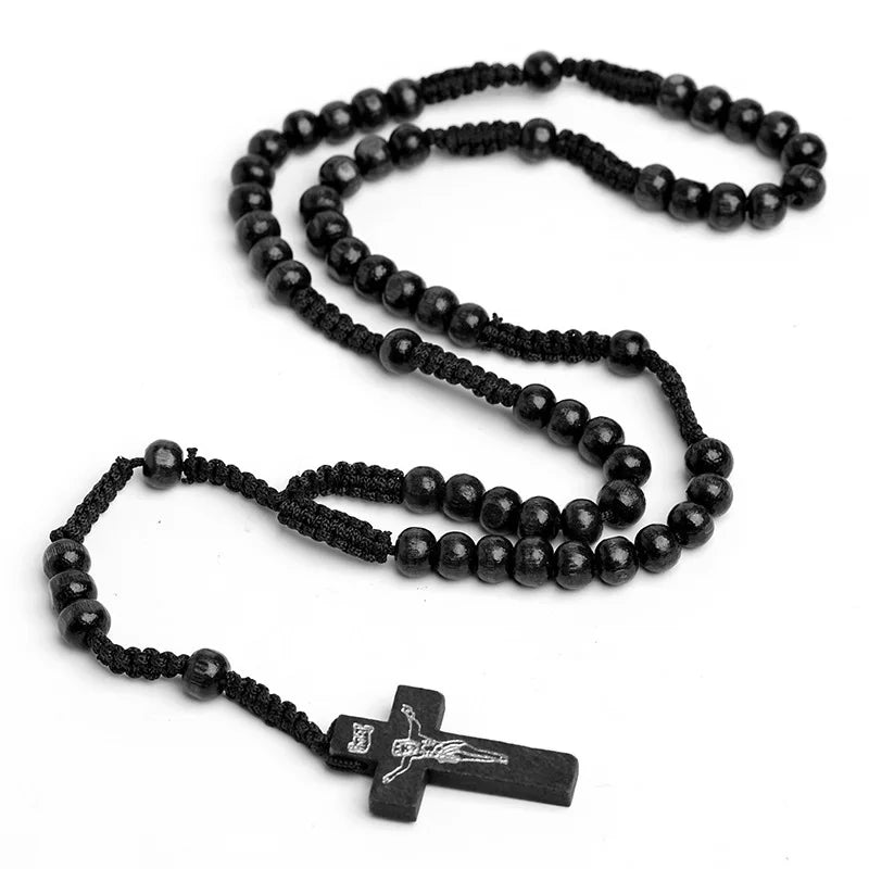 Hand Woven Jesus Christ 9mm Wooden Beads Cross Pendant Rosary Beads Necklace For Religious Orthodox Prayer Jewelry Wholesale