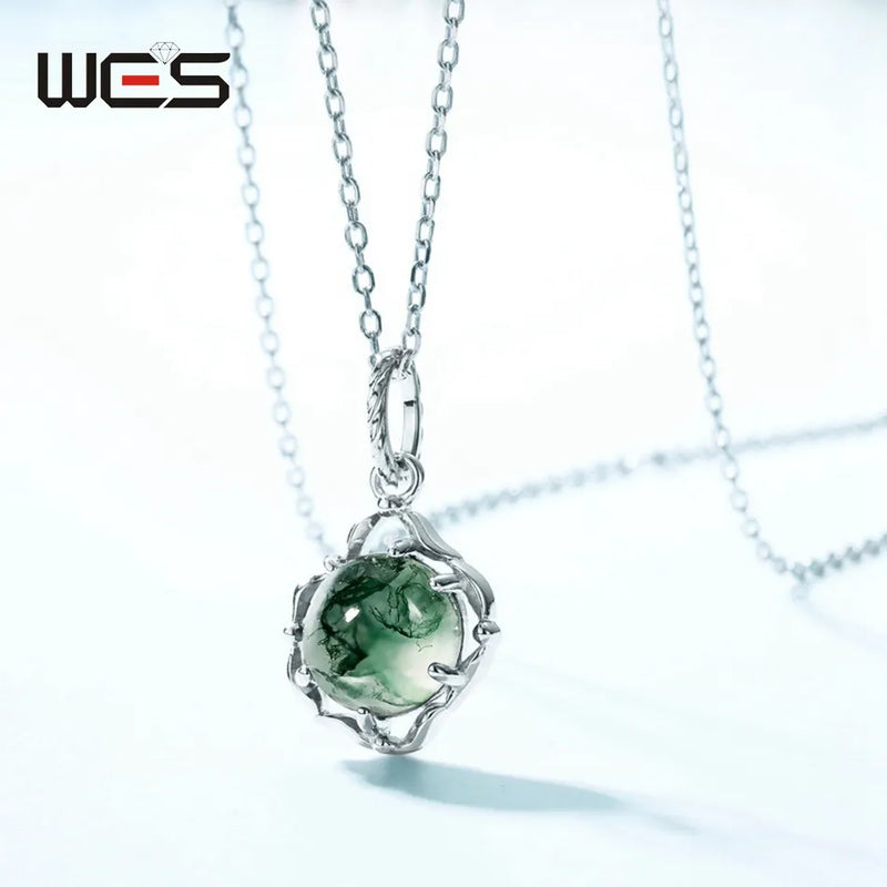 WES 925 Sterling Silver Natural Stone 8*8mm Moss Agate Pendant Necklace for Woman Friend Engagement Party Christmas Gift Jewelry