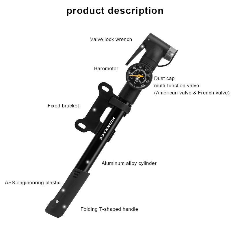 Portable Bicycle Pump with Gauge Aluminum Alloy Hand Tire Air Inflator For MTB Road Bike Car Scooter Schrader Presta Valve AV FV